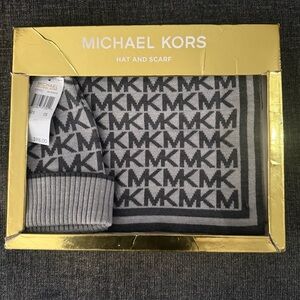 Michael Kors Black and Gray Hat and Scarf Set
